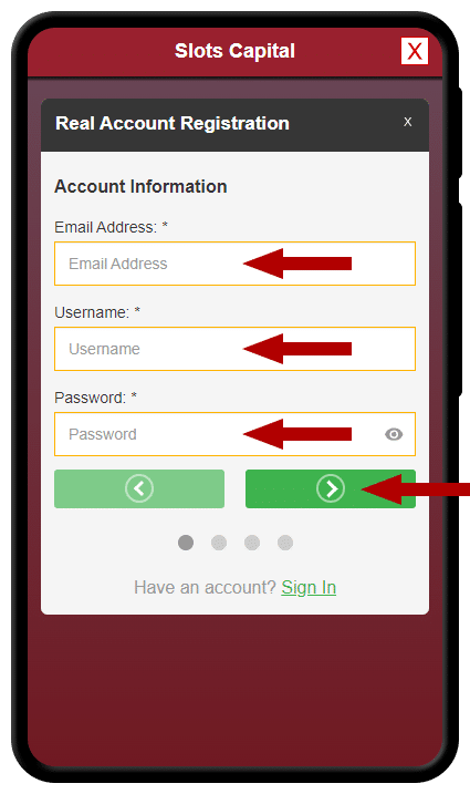 Slots Capital Casino login screenshot